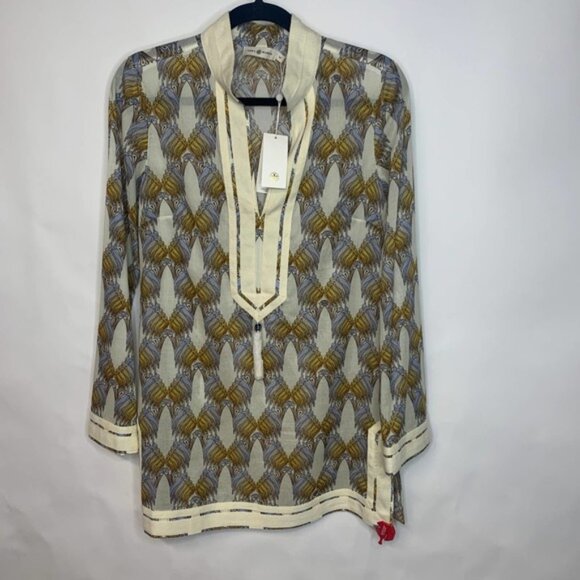 Tory Burch sand Deco Crane Print Tunic Sz Small - Picture 2 of 9
